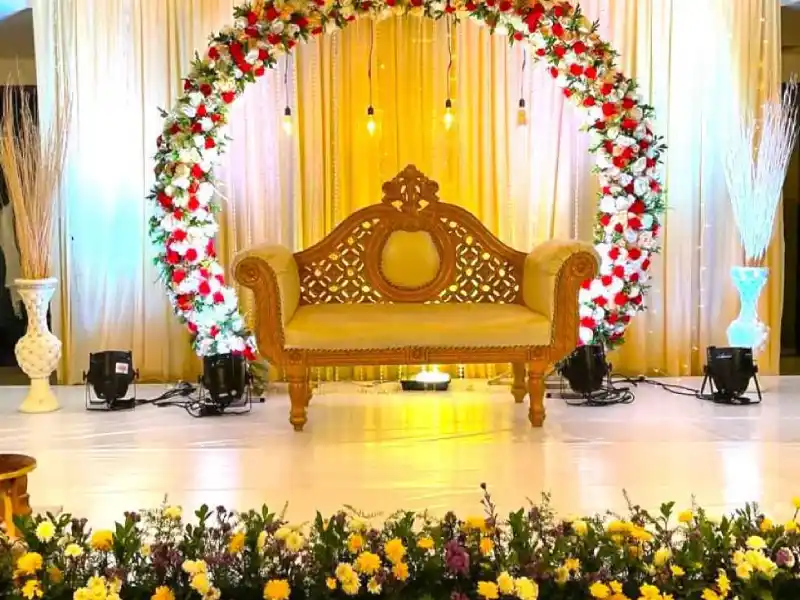 Reception flower decoration stage and table setup in Kolkata